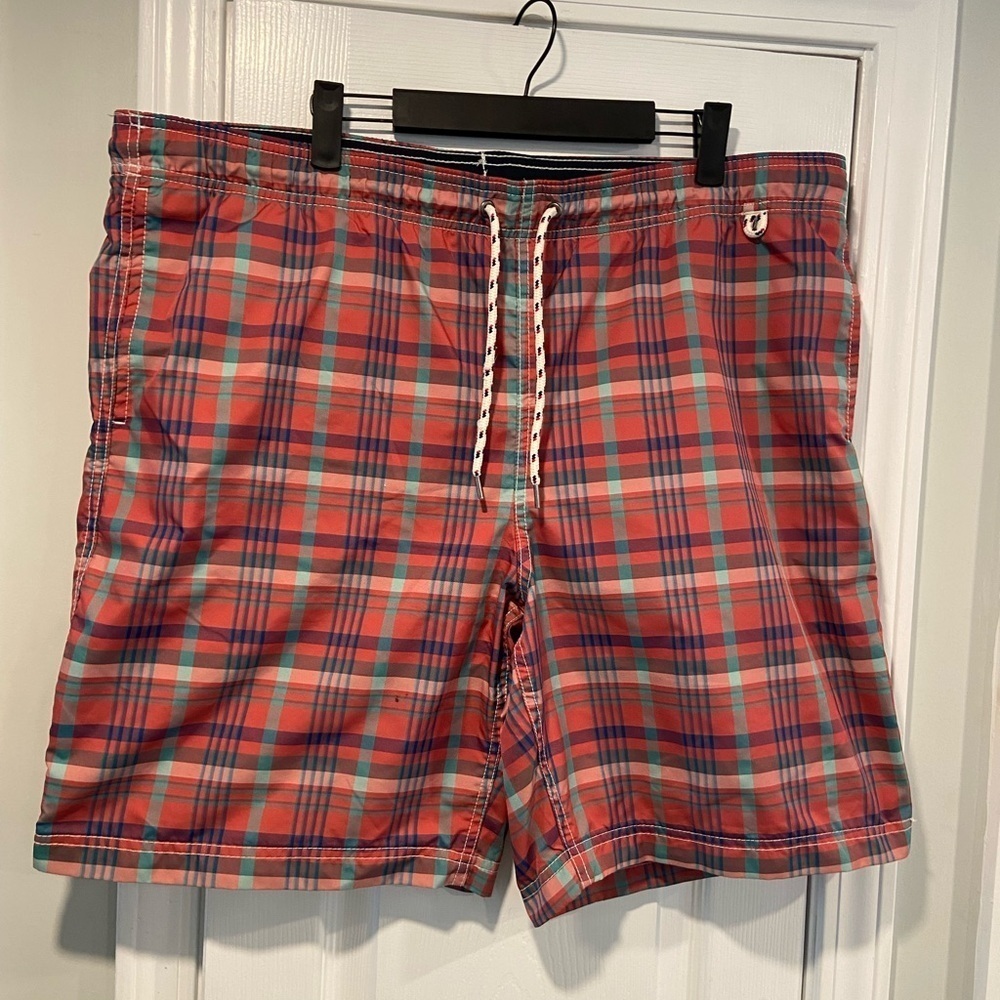 Land End Mens Size L Colorful Plaid Elastic Waist Lined Bathing Suit Shorts
